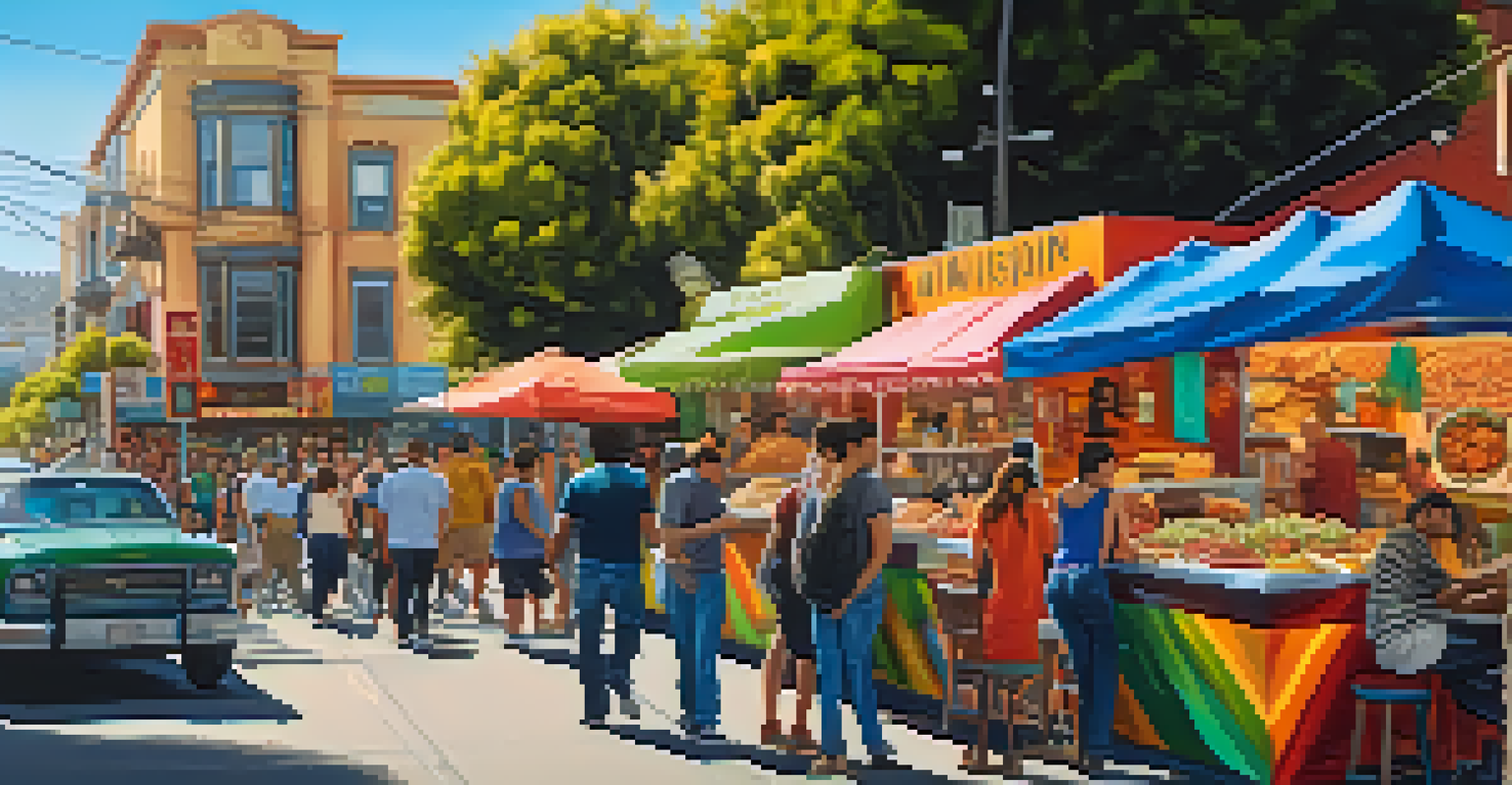 A vibrant street scene in the Mission District with colorful murals, locals enjoying food, and Spanish-inspired architecture.