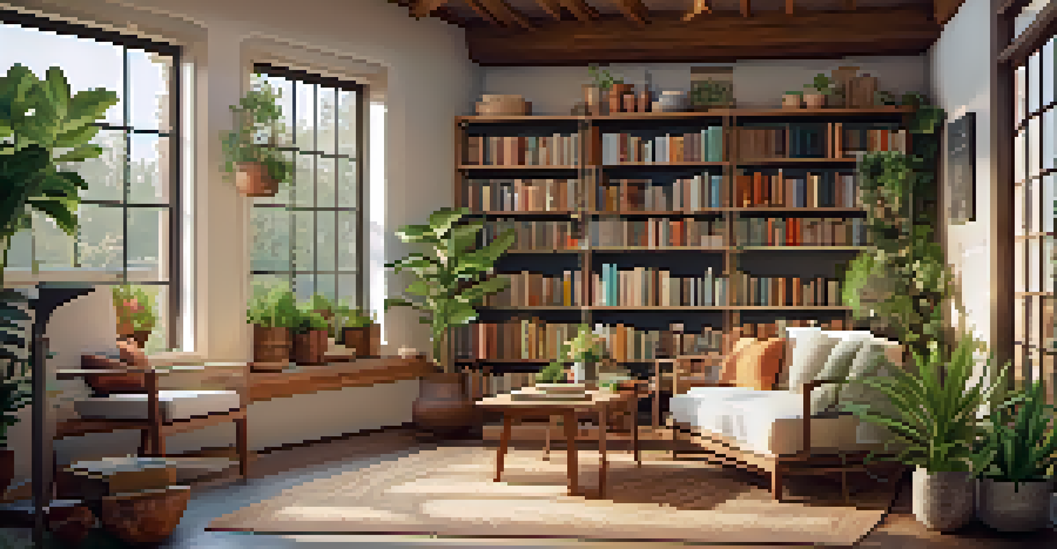 A warm interior of a wellness retreat with comfortable seating, plants, and a table set for a nutrition workshop.