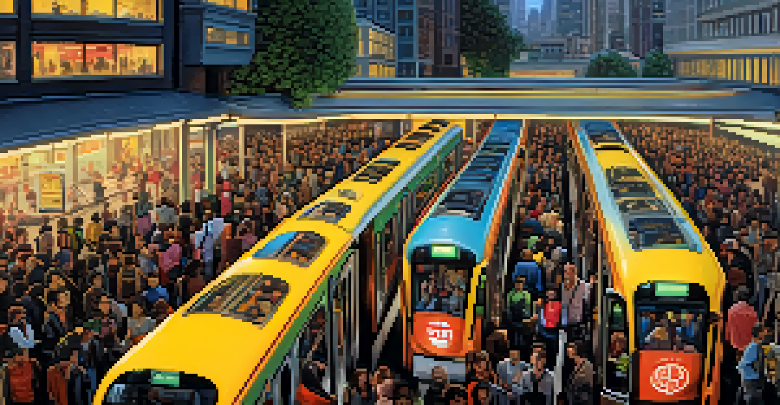 Aerial view of a busy Muni Metro station during rush hour with commuters and colorful trains.