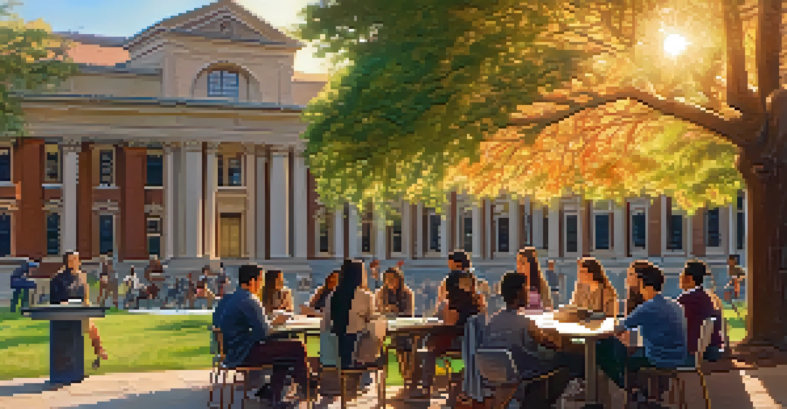 Students from different disciplines discussing under a tree on a university campus, with historic buildings in the background.