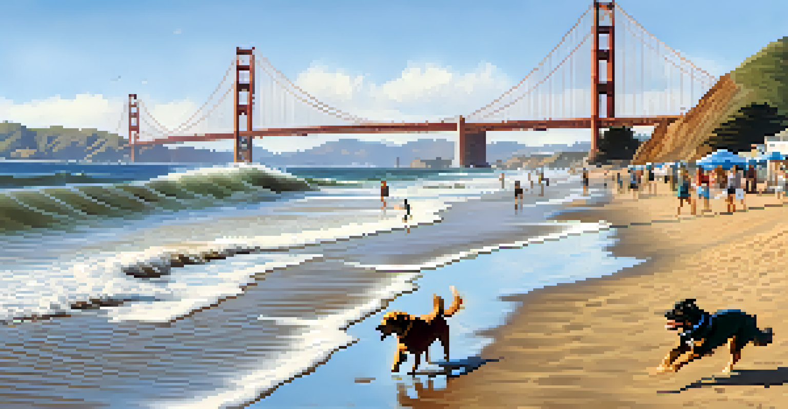 A dog playing in the waves on a sandy beach with the Golden Gate Bridge in the background and people enjoying the sun.