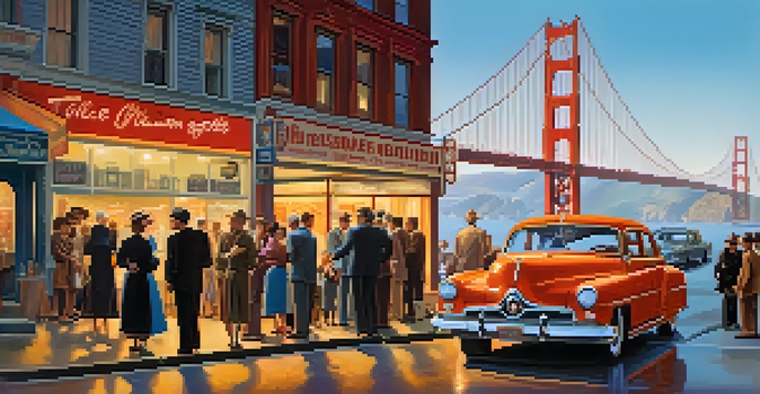 A lively street scene in 1950s San Francisco with artists and musicians discussing ideas, the Golden Gate Bridge in the background, and fog creating a mystical atmosphere.