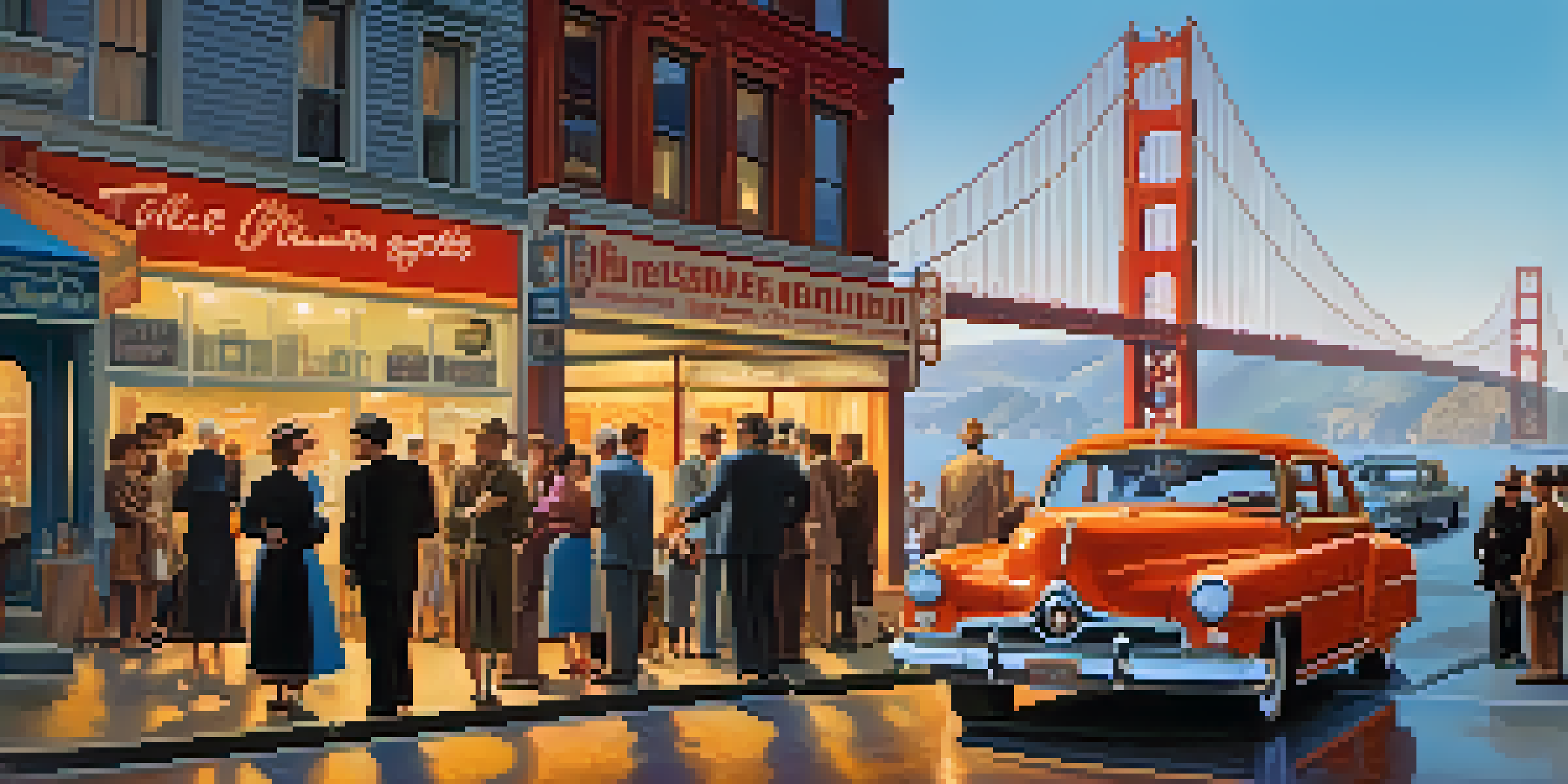 A lively street scene in 1950s San Francisco with artists and musicians discussing ideas, the Golden Gate Bridge in the background, and fog creating a mystical atmosphere.