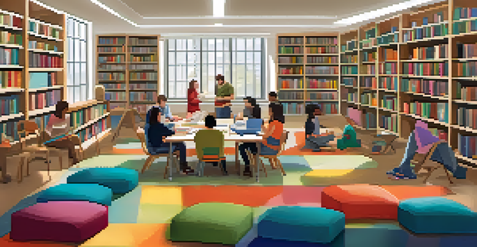 A diverse group of adults in a cozy library workshop, engaged in reading and writing activities with sunlight streaming in.