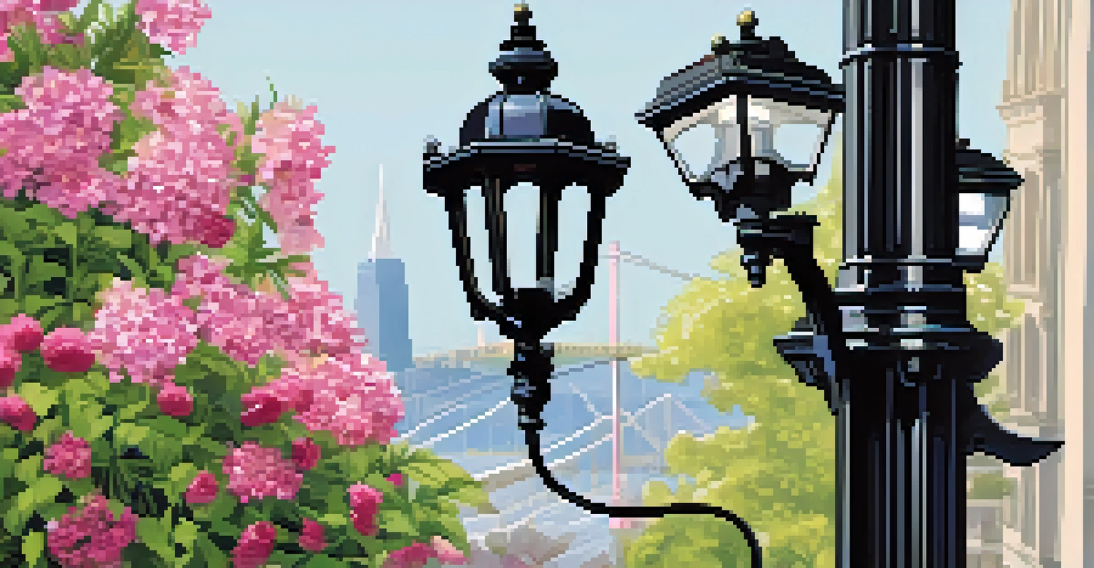 A close-up of an air quality monitoring sensor on a street lamp, with San Francisco architecture and greenery in the background.