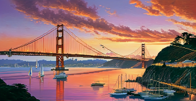 A silhouette of the Golden Gate Bridge during sunset with vibrant sky colors and sailboats in the bay.