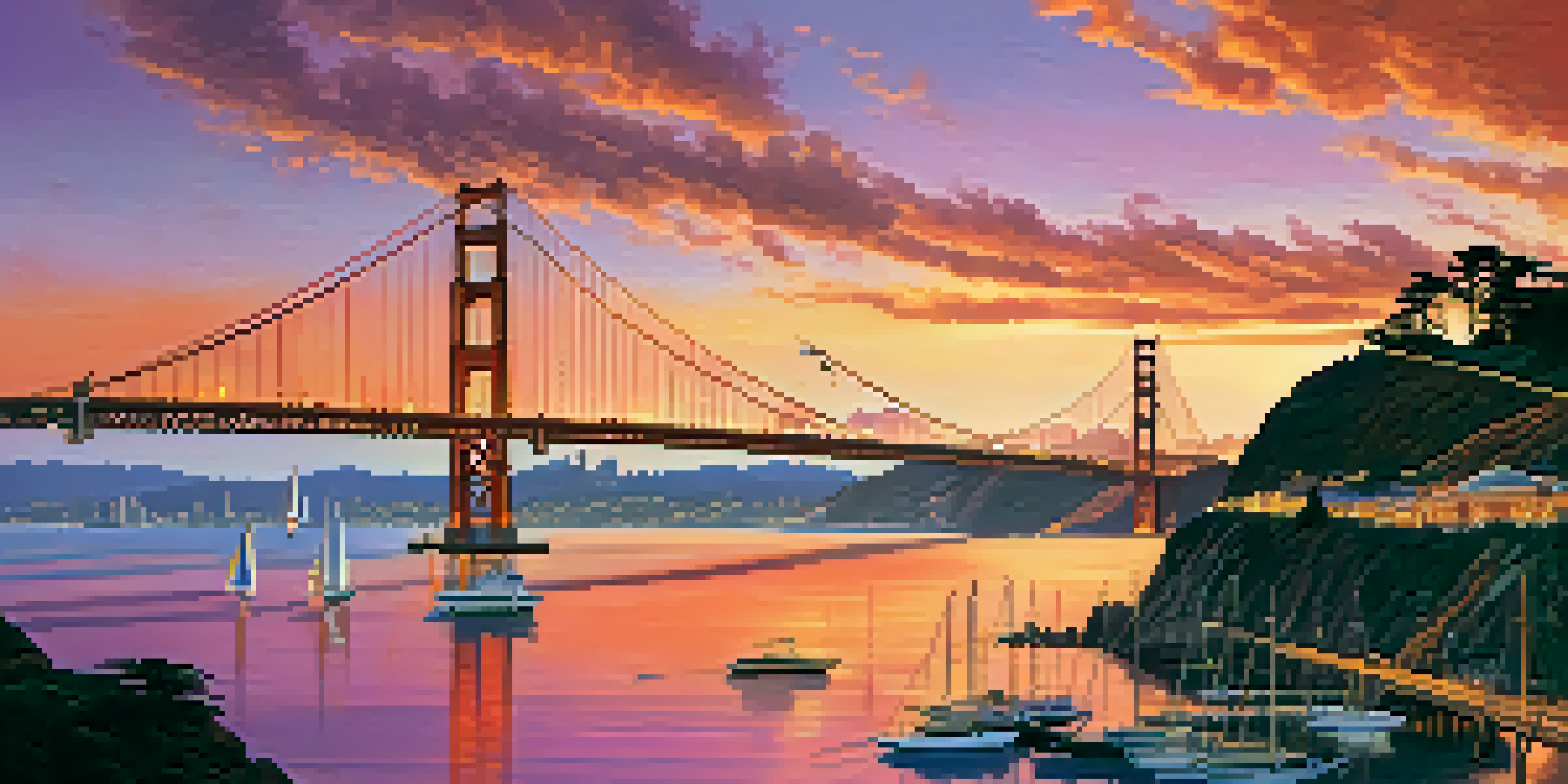 A silhouette of the Golden Gate Bridge during sunset with vibrant sky colors and sailboats in the bay.
