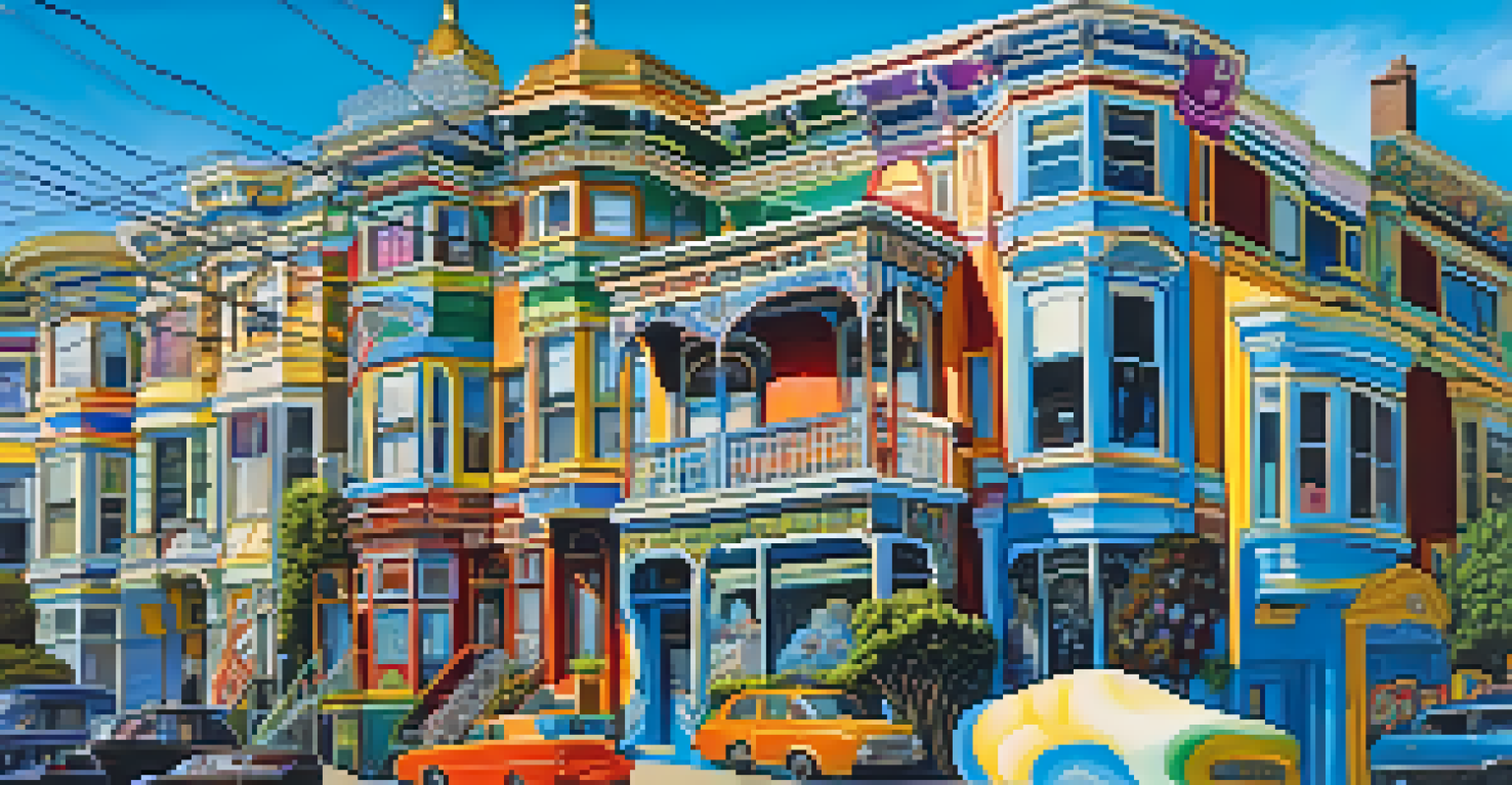Psychedelic street art in Haight-Ashbury, San Francisco, reflecting the 1960s counterculture with vibrant colors and peace symbols.