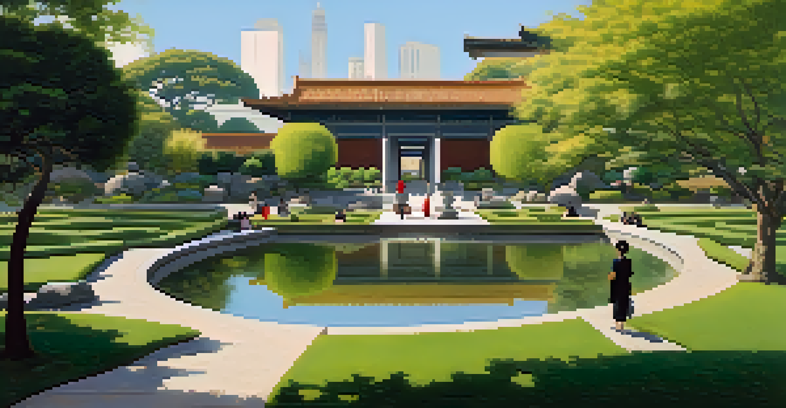 Beautiful gardens of the Asian Art Museum with lush greenery and traditional landscaping, providing a peaceful retreat.
