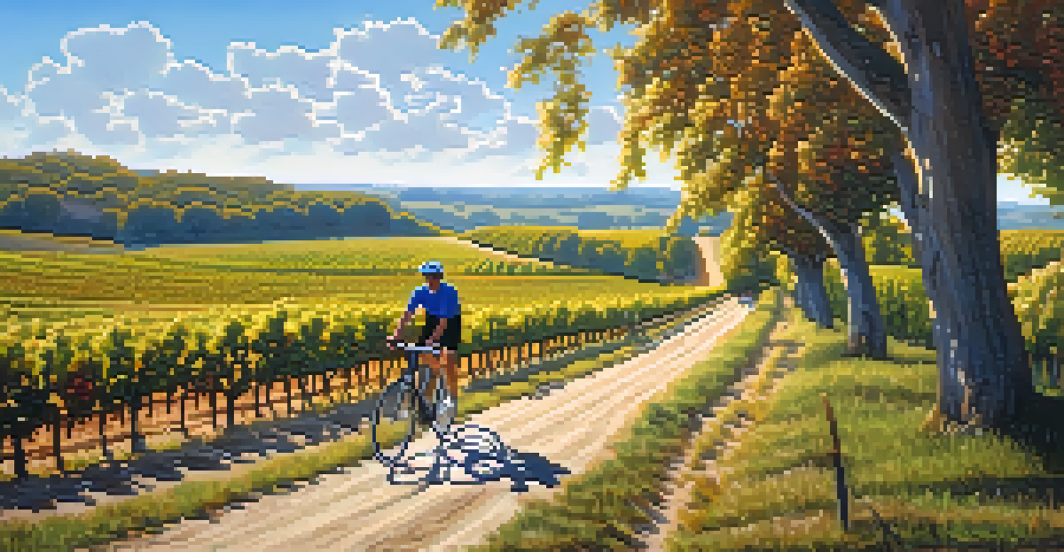 A cyclist biking through a vineyard on the Katy Trail, with rolling hills and a bright blue sky.