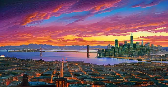 A sunset view of San Francisco skyline with Golden Gate Bridge and a group of entrepreneurs in the foreground.