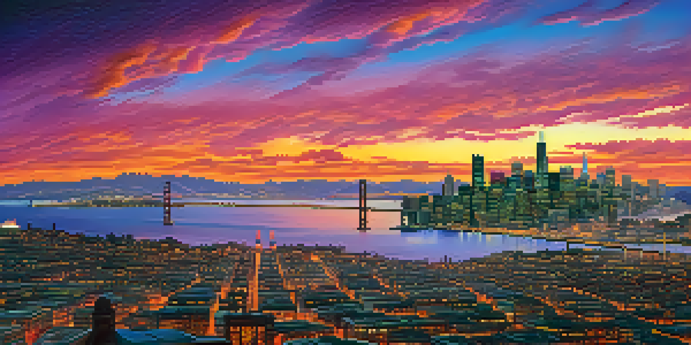 A sunset view of San Francisco skyline with Golden Gate Bridge and a group of entrepreneurs in the foreground.