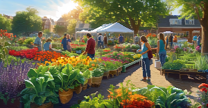A diverse group of people working together in a sunny community garden, surrounded by colorful flowers and vegetables.