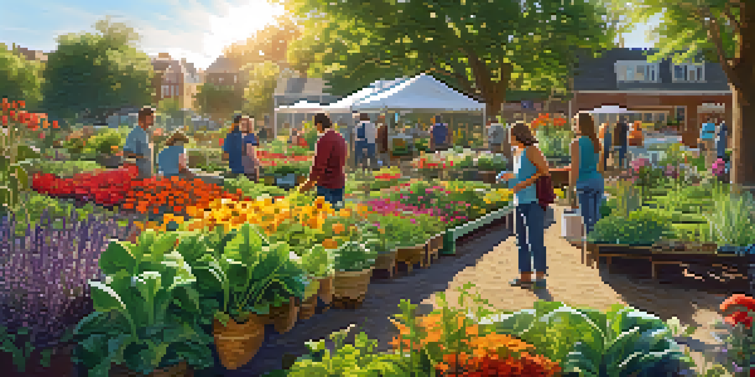 A diverse group of people working together in a sunny community garden, surrounded by colorful flowers and vegetables.