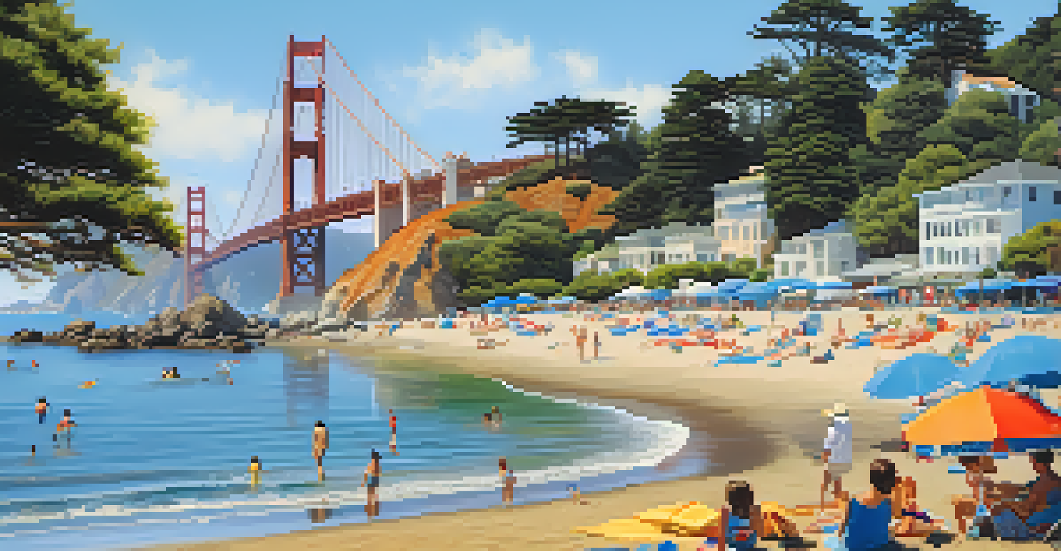 Families enjoying a sunny day at China Beach with the Golden Gate Bridge visible, calm waters, and colorful beach towels.