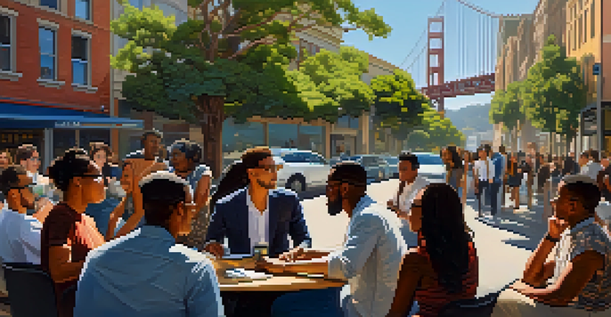 A vibrant street scene in San Francisco with diverse entrepreneurs discussing ideas outside a co-working space, featuring the Golden Gate Bridge in the background.