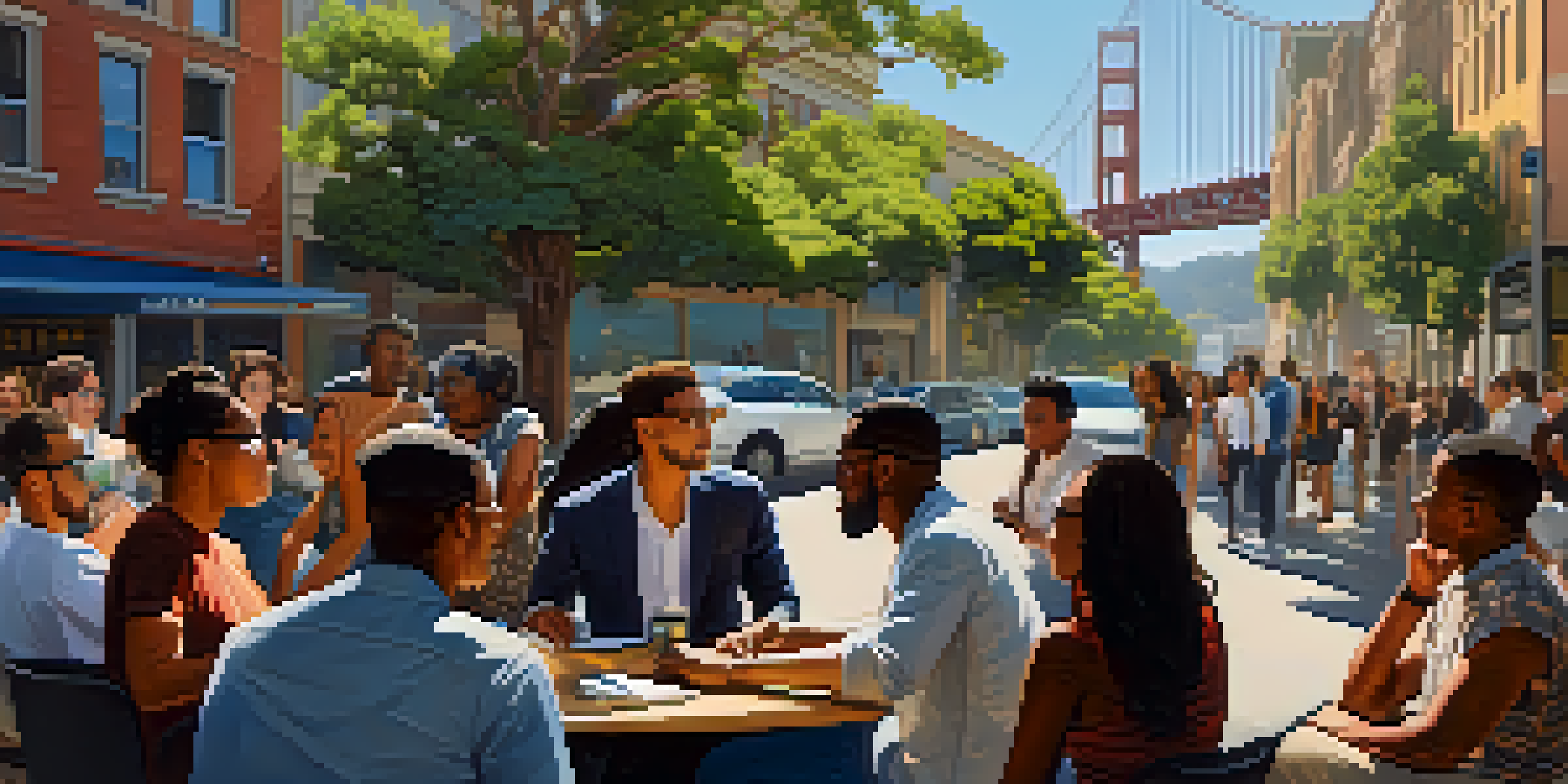 A vibrant street scene in San Francisco with diverse entrepreneurs discussing ideas outside a co-working space, featuring the Golden Gate Bridge in the background.
