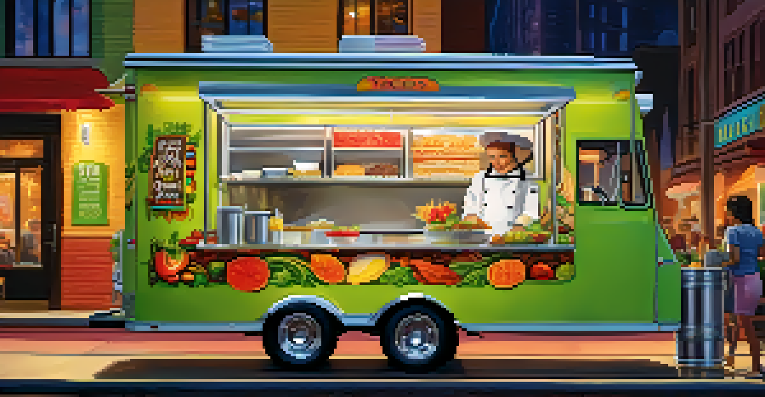 A gourmet taco food truck with a chef preparing fresh tacos, surrounded by colorful ingredients and an inviting atmosphere.
