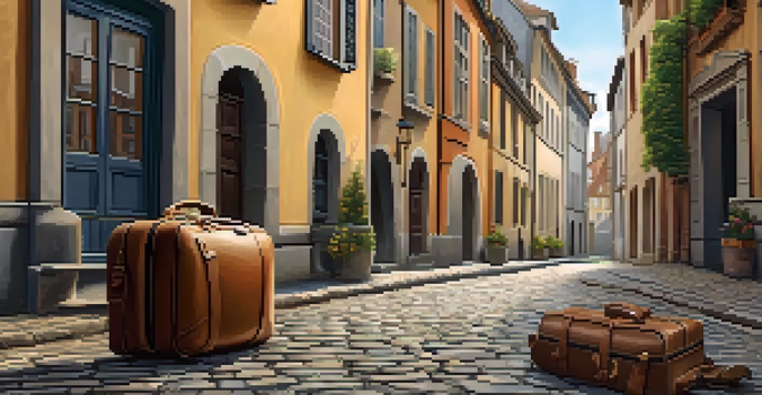A stylish suitcase and travel backpack are placed on a cobblestone street, showcasing neatly packed clothing in a sunny European city.