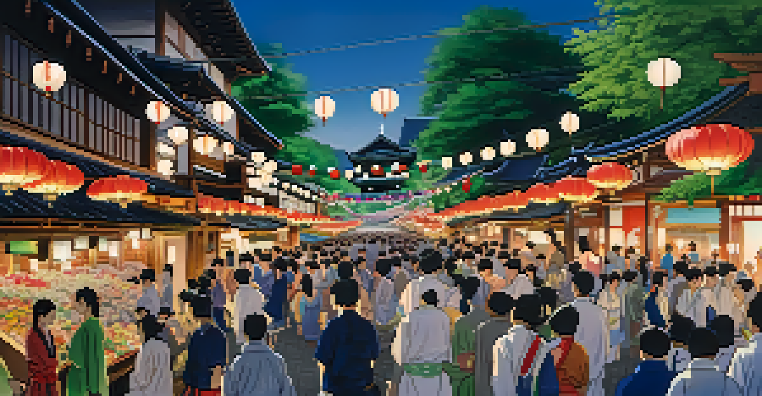 A lively summer festival in Kyoto with colorful floats and people in traditional clothing, surrounded by greenery and illuminated by festival lights.
