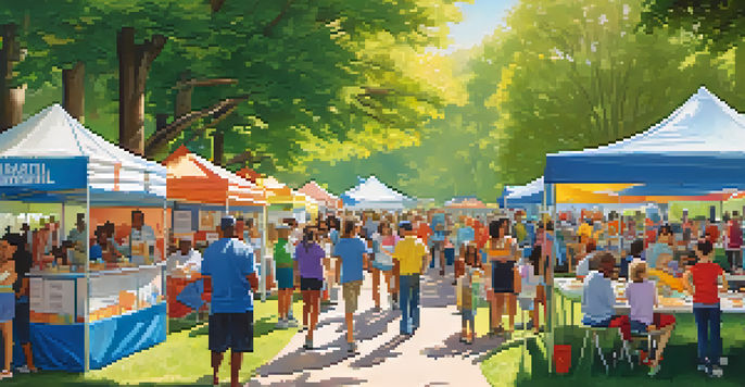 A lively community health fair in a park with diverse people engaging in health activities and colorful booths.