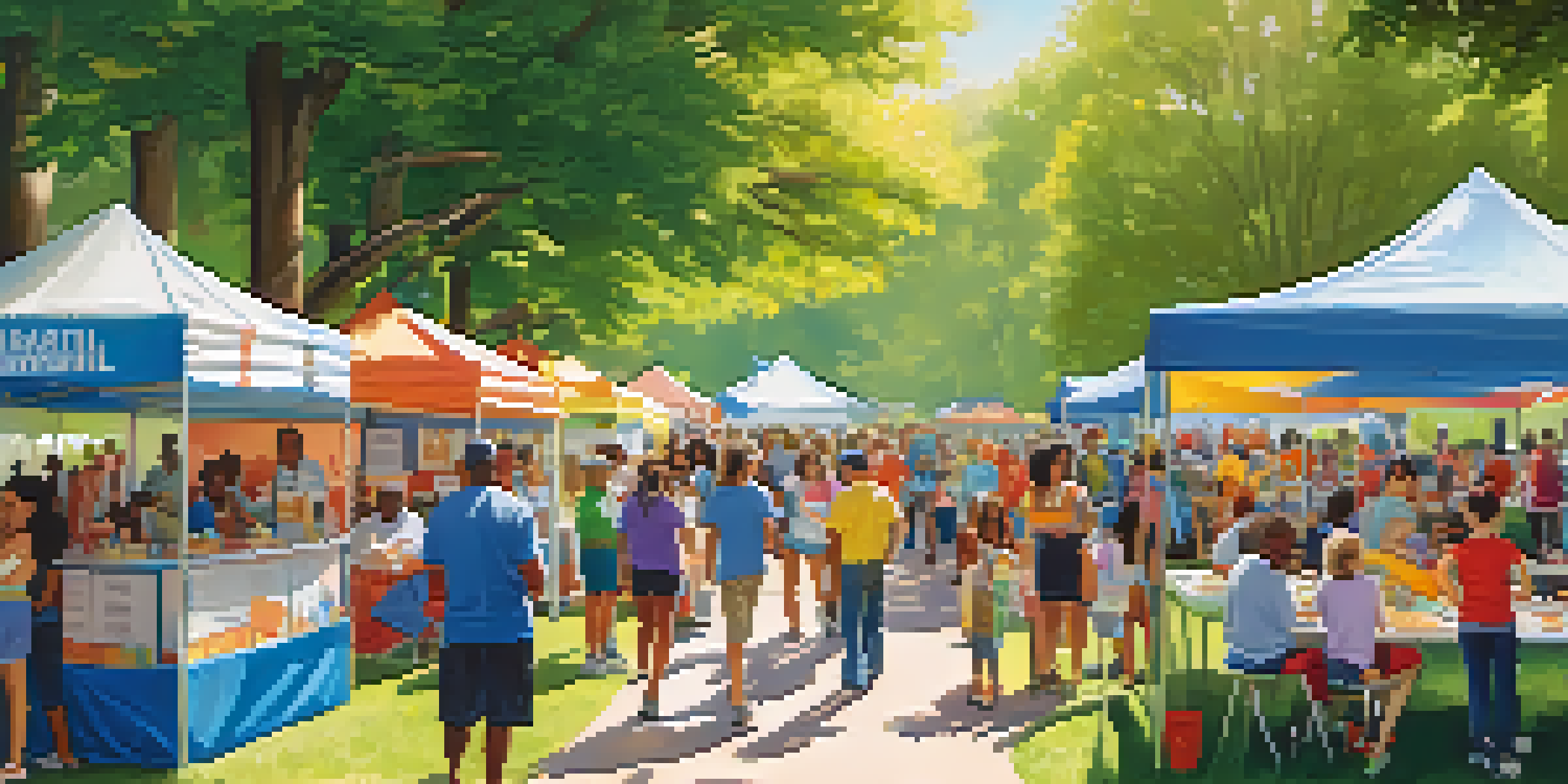 A lively community health fair in a park with diverse people engaging in health activities and colorful booths.