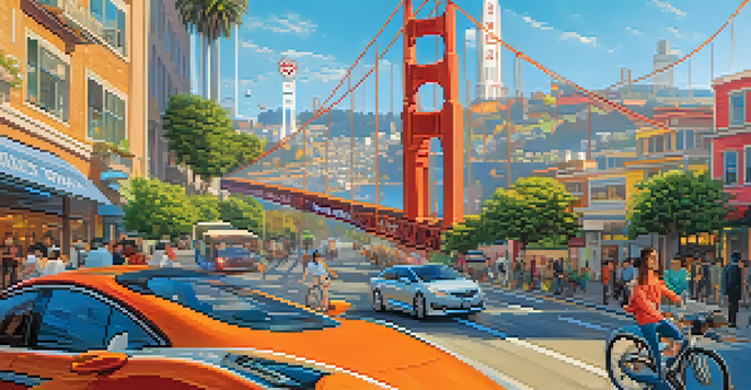 A bustling San Francisco street with autonomous vehicles, pedestrians, and the Golden Gate Bridge in the background, highlighting a vibrant and harmonious urban environment.