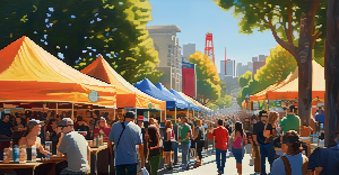 A lively craft beer festival in San Francisco with people enjoying beers and food stalls under sunny skies.