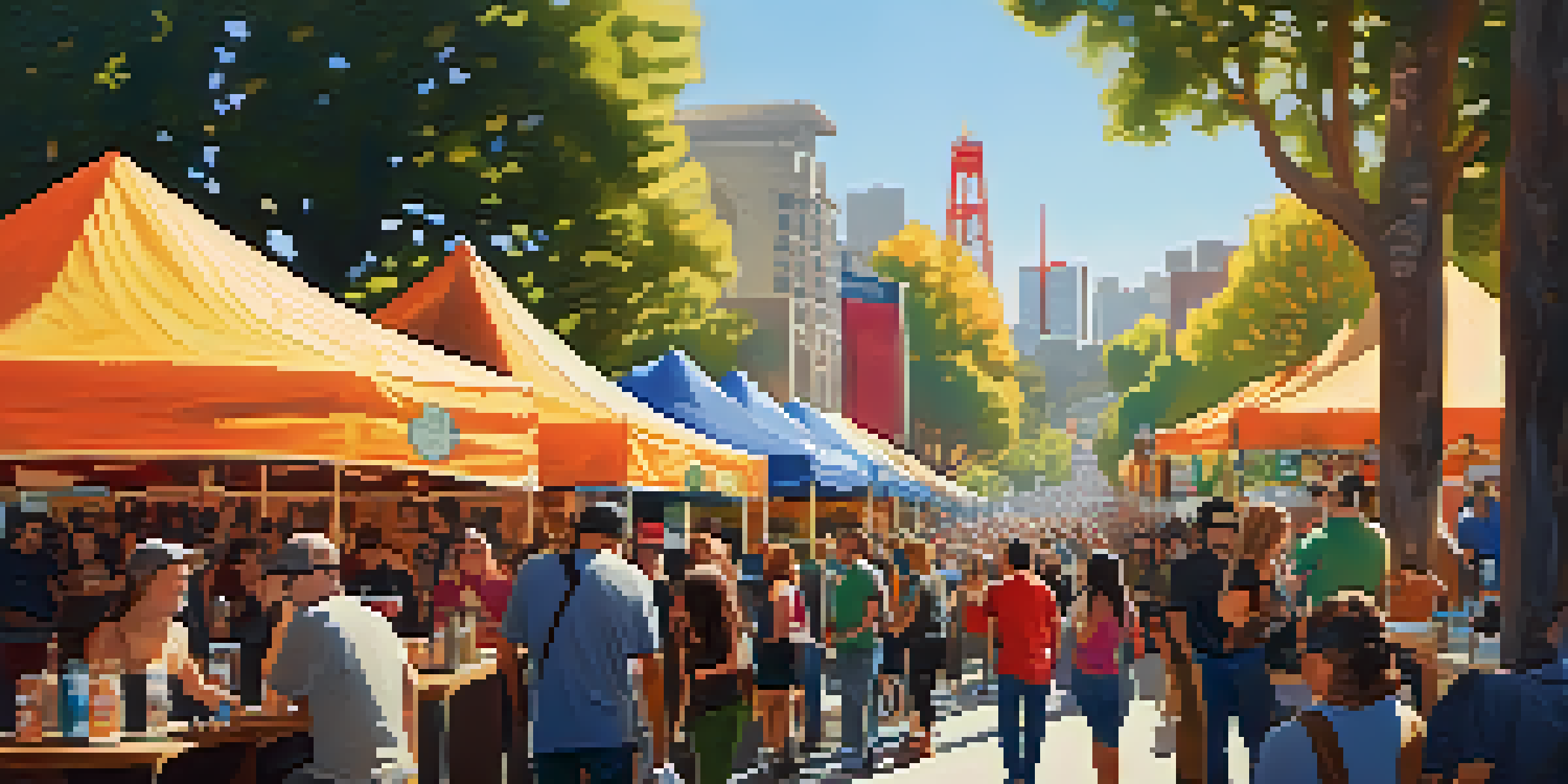 A lively craft beer festival in San Francisco with people enjoying beers and food stalls under sunny skies.