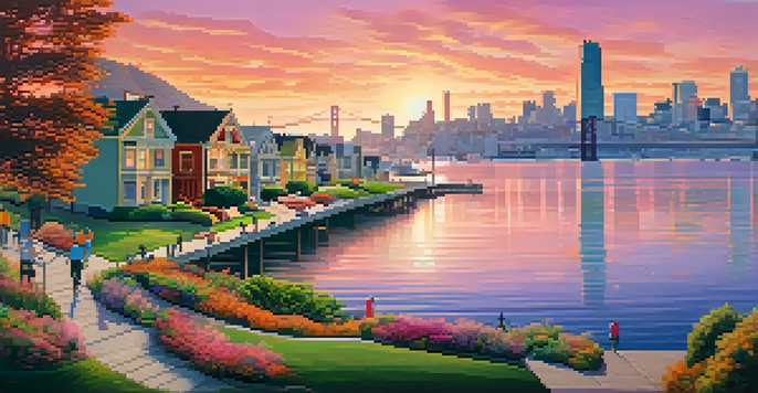 A scenic view of San Francisco waterfront at sunset, with elevated buildings, green parks, and people enjoying the area.