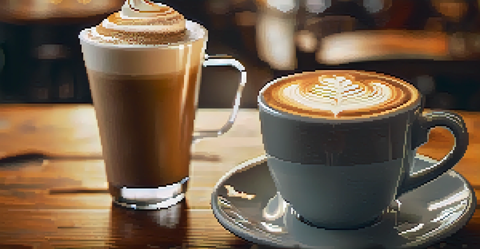 A close-up of a latte with intricate art on top, set against a cozy coffee shop background.