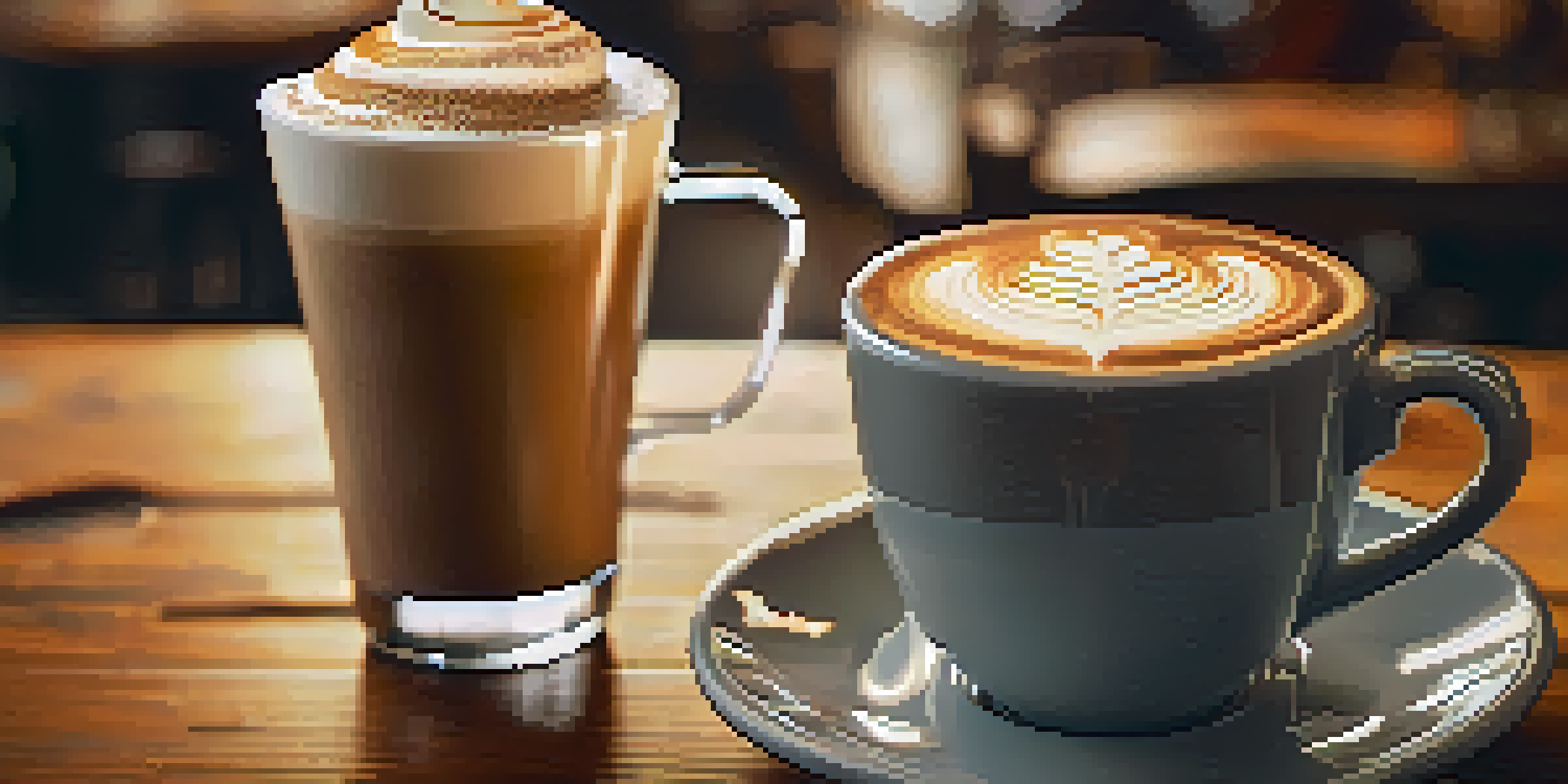 A close-up of a latte with intricate art on top, set against a cozy coffee shop background.