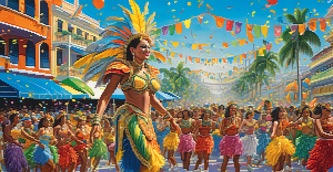A lively Carnival parade in Rio de Janeiro with dancers in colorful costumes, floats, and a cheering crowd under a blue sky.