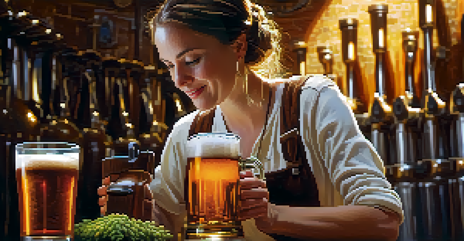 A woman brewmaster pouring amber-colored beer into a glass, with hops and barley in the background.