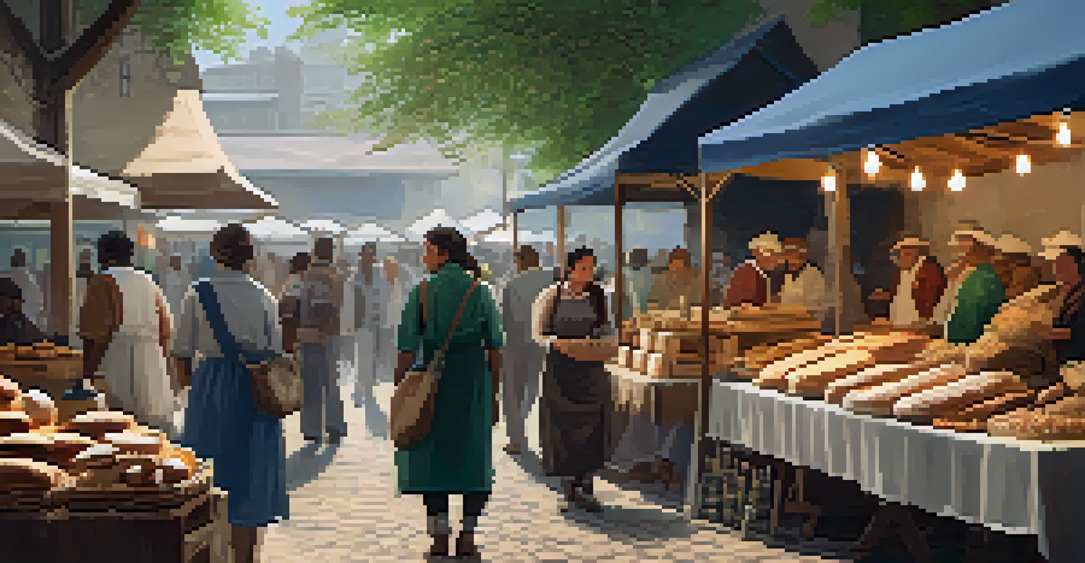 A lively food market with local artisans selling handmade goods and people sampling products.