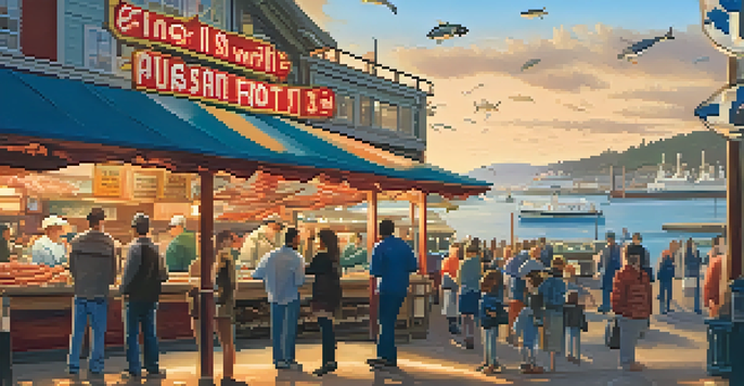 A busy seafood market at Fisherman's Wharf in San Francisco with fresh crab and fish stalls, seagulls, and people enjoying the view.