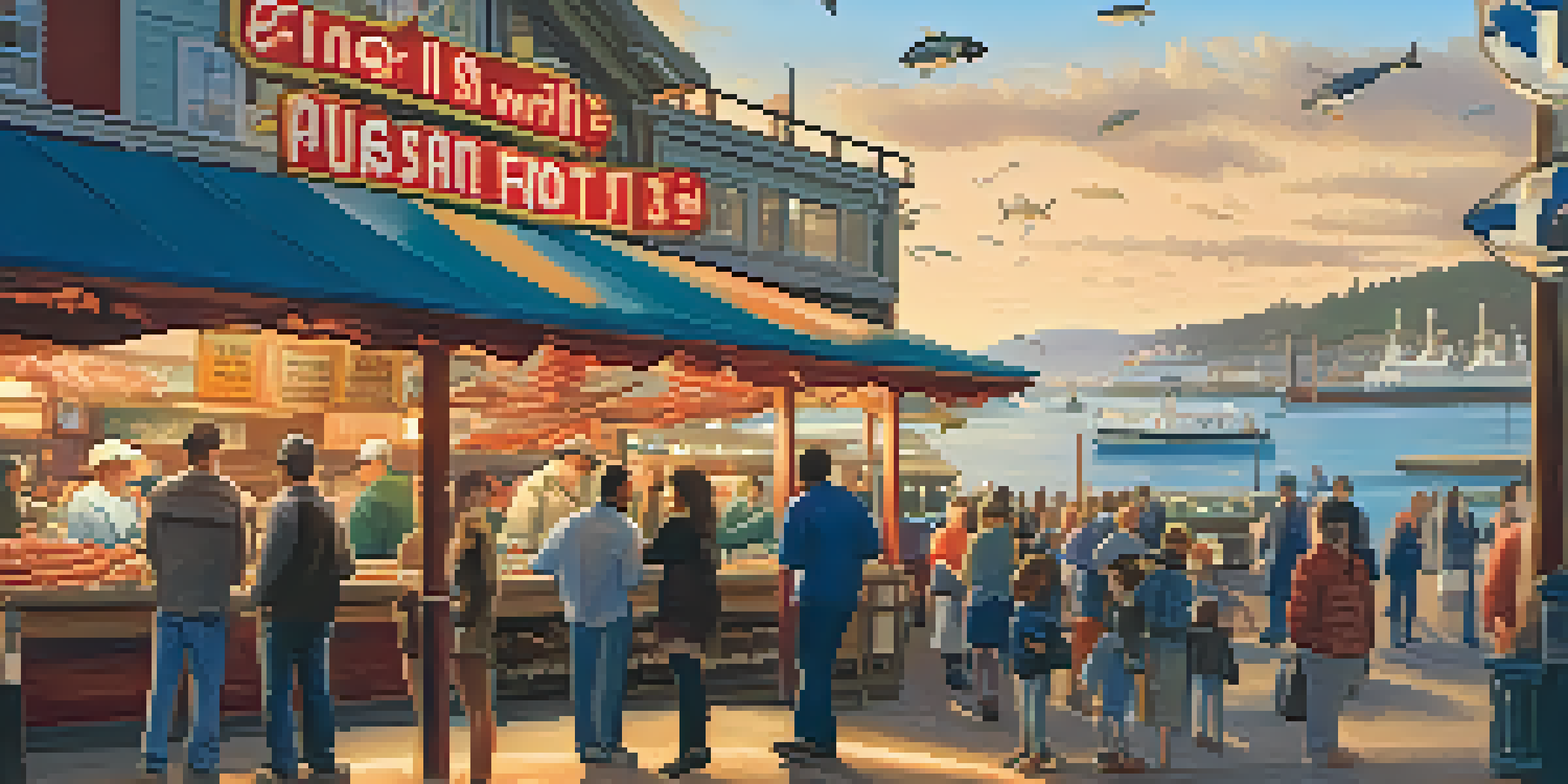 A busy seafood market at Fisherman's Wharf in San Francisco with fresh crab and fish stalls, seagulls, and people enjoying the view.