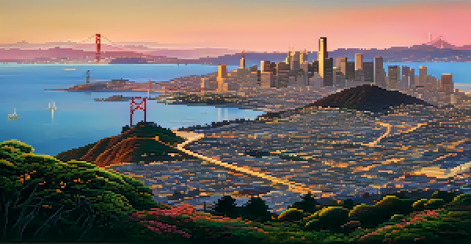 A sunset view from Twin Peaks overlooking San Francisco, with the skyline and Golden Gate Bridge in the background, bathed in warm colors.