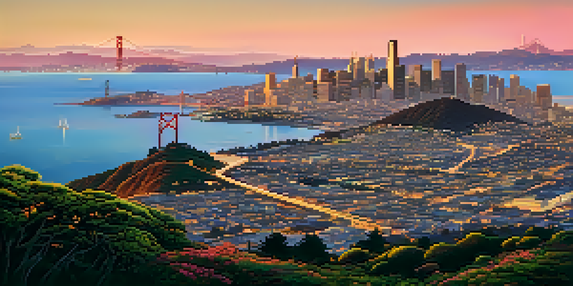 A sunset view from Twin Peaks overlooking San Francisco, with the skyline and Golden Gate Bridge in the background, bathed in warm colors.