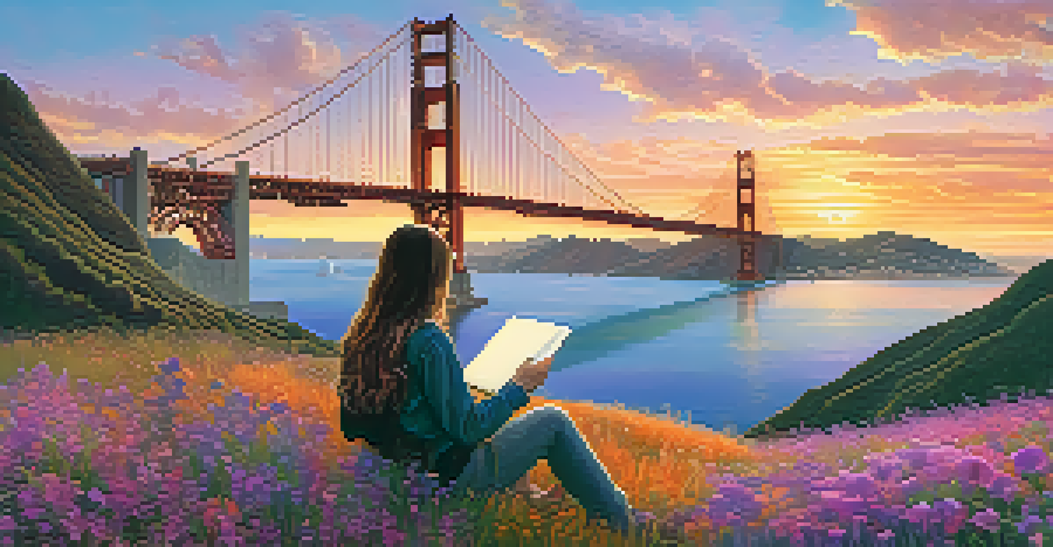 A writer sitting on a hill with a notebook, overlooking the Golden Gate Bridge at sunset.