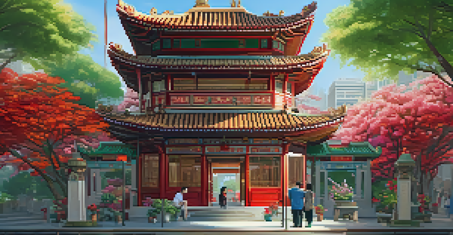 A beautiful pagoda-style building in Chinatown with intricate designs, surrounded by greenery and flowers.
