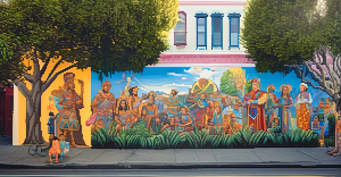 A colorful mural on a city wall depicting cultural symbols and community figures, with greenery and buildings surrounding it.