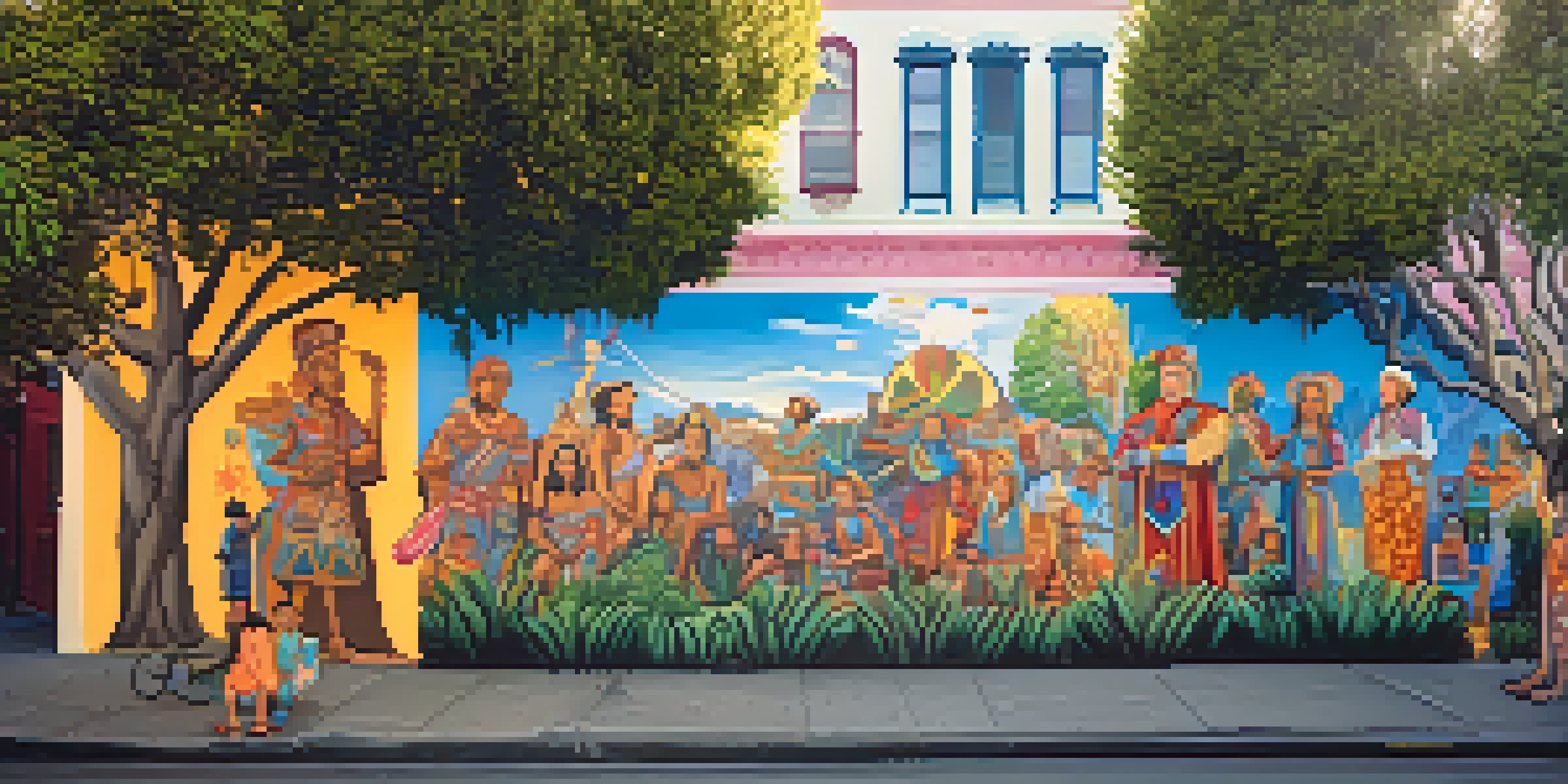 A colorful mural on a city wall depicting cultural symbols and community figures, with greenery and buildings surrounding it.