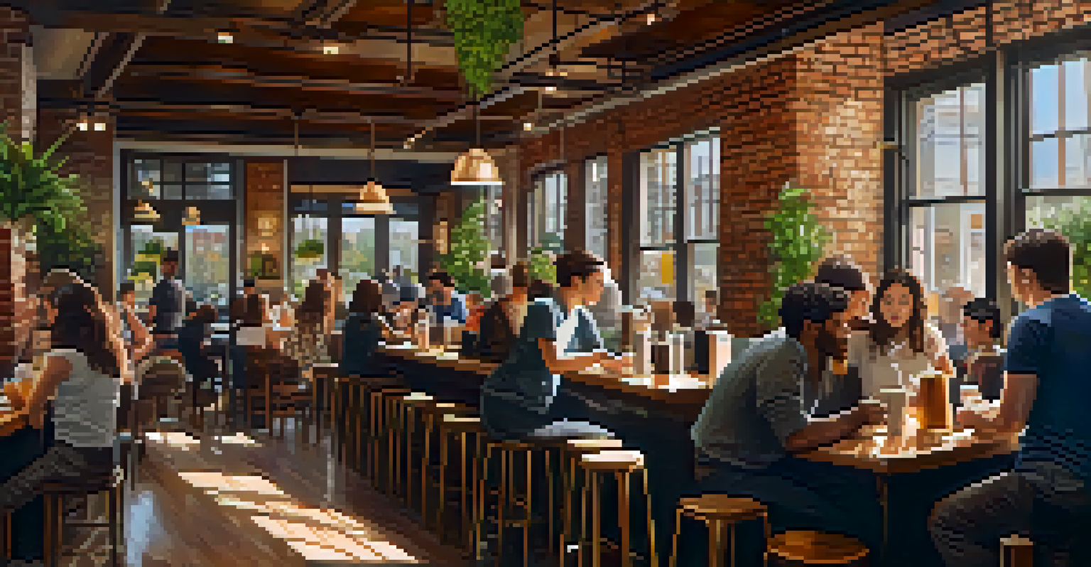 A vibrant coffee shop in San Francisco with people enjoying coffee, wooden tables, and plants visible outside.