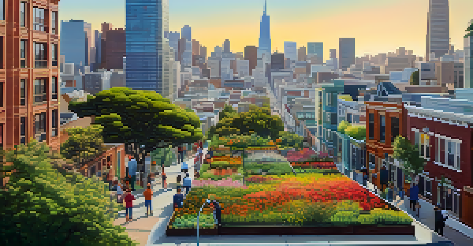 A community planting trees and creating a green roof in San Francisco, with a skyline backdrop and colorful flowers in the scene.