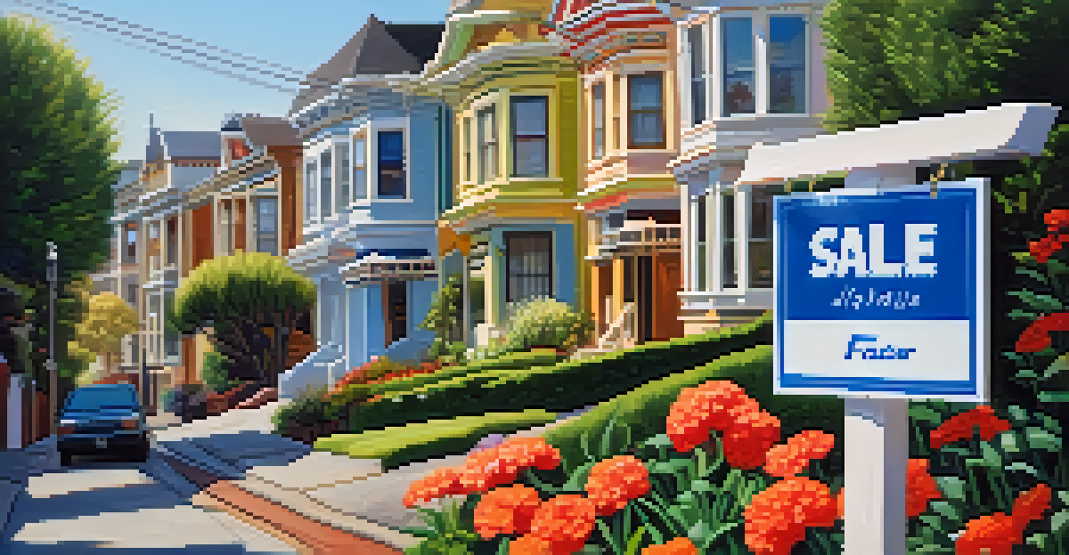 Close-up of a 'For Sale' sign in front of a charming San Francisco home with colorful flowers and greenery around.