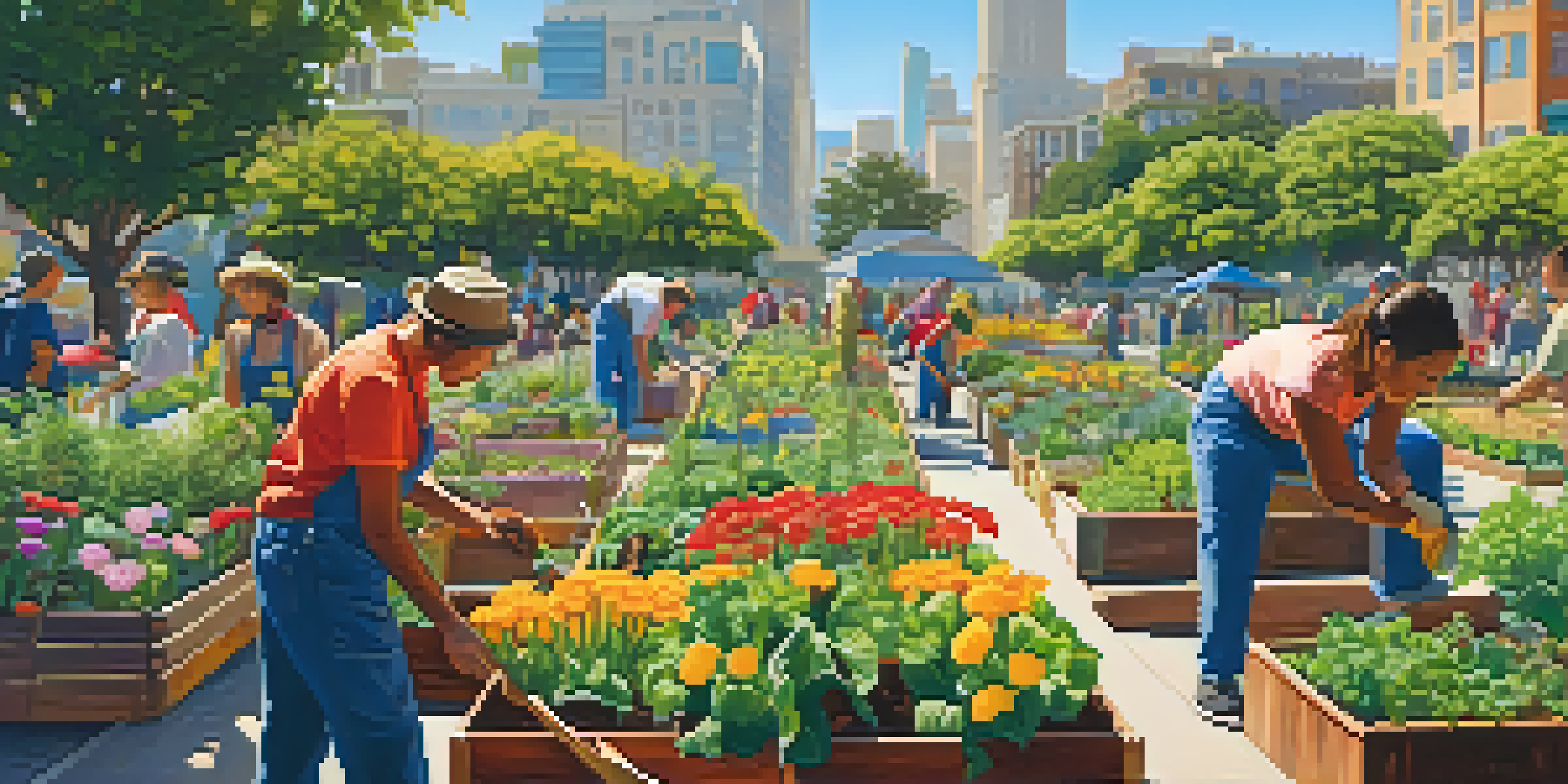 A lively community garden in San Francisco with diverse people gardening together, surrounded by colorful plants and urban buildings.