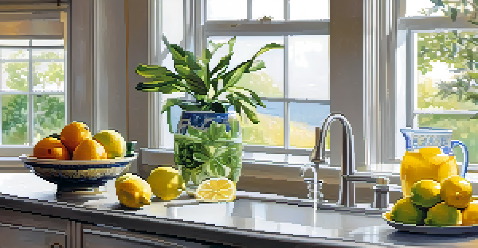A bright modern kitchen featuring a glass pitcher of lemon water and colorful fruits.