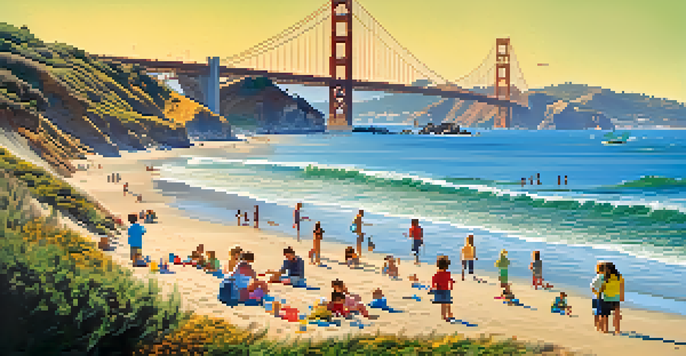 Families enjoying a sunny day at Ocean Beach, with children building sandcastles and the Golden Gate Bridge in the background.
