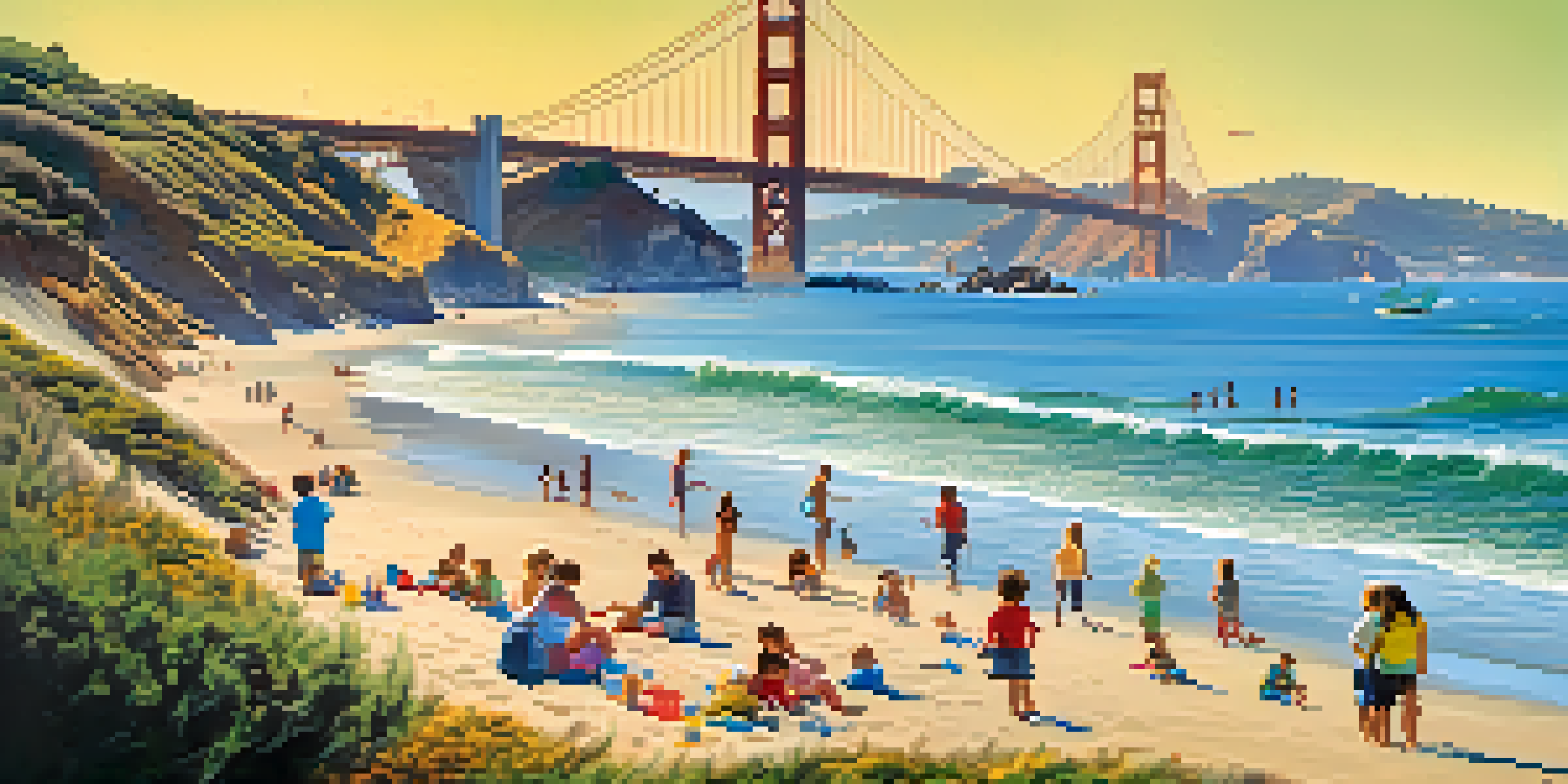 Families enjoying a sunny day at Ocean Beach, with children building sandcastles and the Golden Gate Bridge in the background.